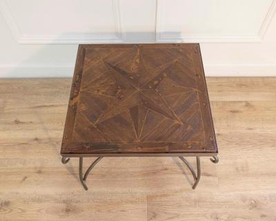 1980s French Coffee Table with Old Wind Rose Parquet Top and Wrought Iron Base