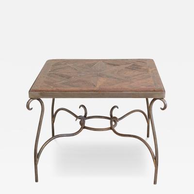 1980s French Coffee Table with Old Wind Rose Parquet Top and Wrought Iron Base