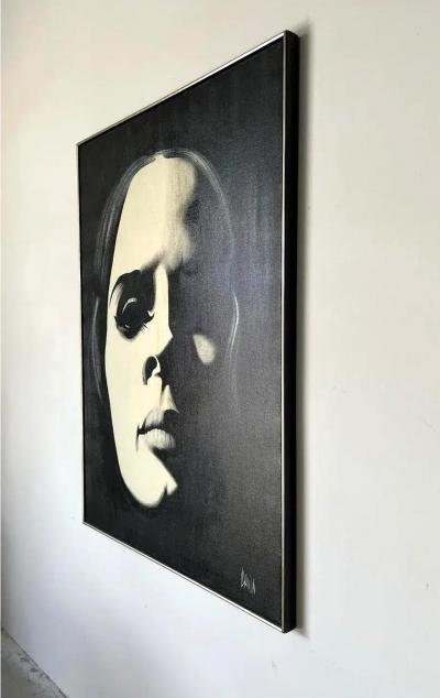 1980s Graphic Op Oil Painting Portrait of a Woman in Black By Davilla