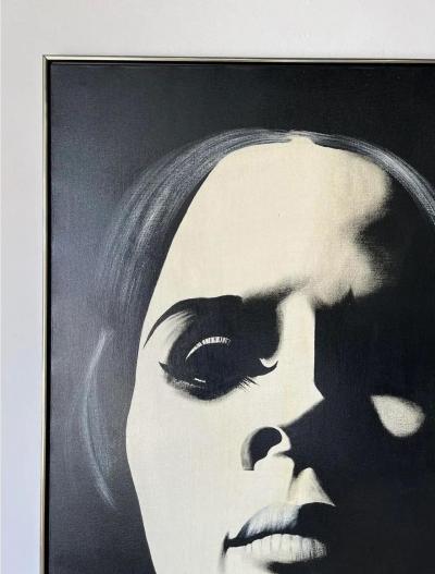 1980s Graphic Op Oil Painting Portrait of a Woman in Black By Davilla