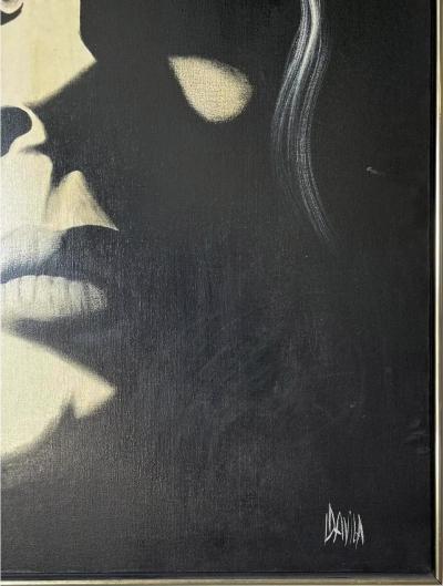 1980s Graphic Op Oil Painting Portrait of a Woman in Black By Davilla