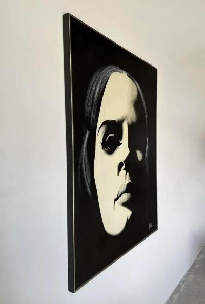 1980s Graphic Op Oil Painting Portrait of a Woman in Black By Davilla