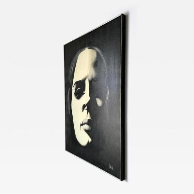 1980s Graphic Op Oil Painting Portrait of a Woman in Black By Davilla