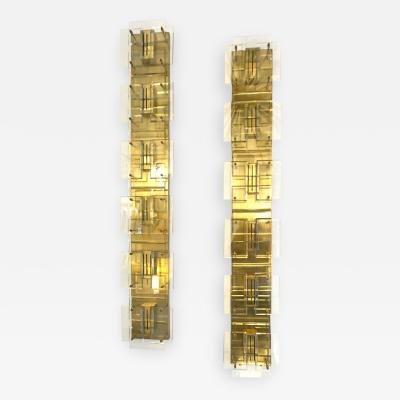 1980s Italian Pair of Modern Gold Brass Monumental Sconces with Aqua Tint Glass