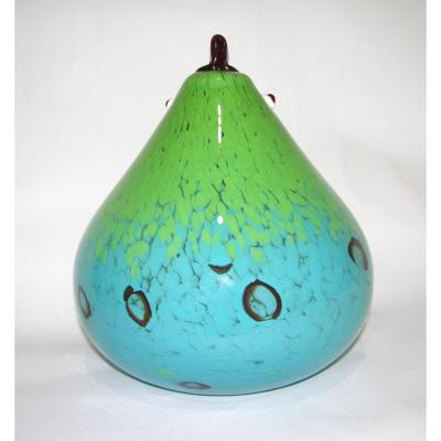 1980s Italian Turquoise Blue and Green Murano Glass Round Rooster Sculpture