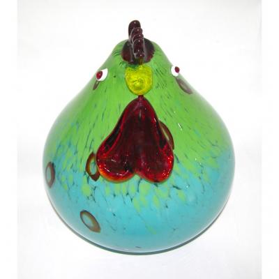 1980s Italian Turquoise Blue and Green Murano Glass Round Rooster Sculpture
