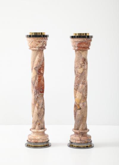 1980s Spiral Marble Steel And Brass Candle Holders