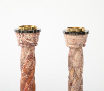 1980s Spiral Marble Steel And Brass Candle Holders