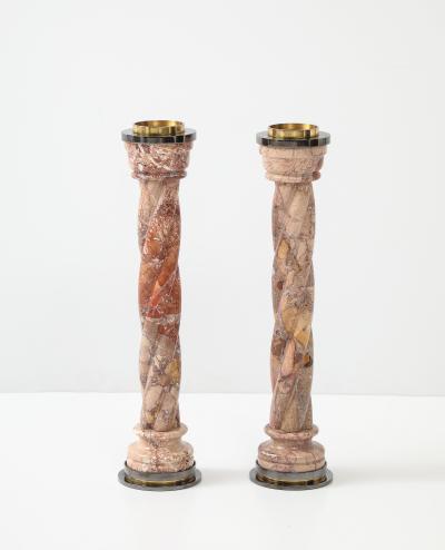 1980s Spiral Marble Steel And Brass Candle Holders