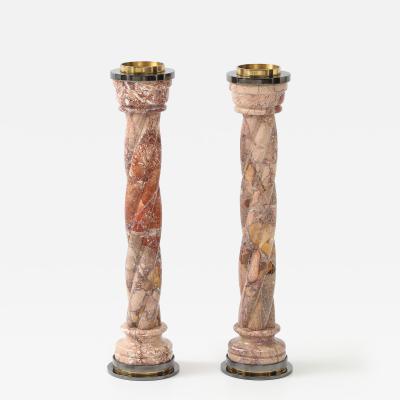 1980s Spiral Marble Steel And Brass Candle Holders