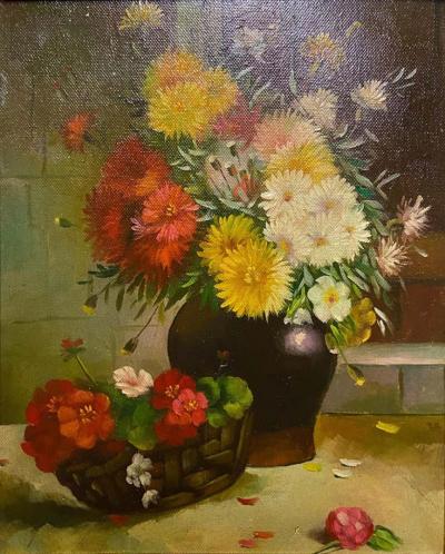 1980s Still Life With Flowers Oil on Canvas Case Framed Painting