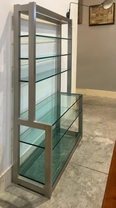 1980s Vintage Metal Bookcase Etagere with Glass Shelves