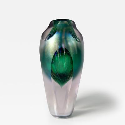 1989 Modern Studio Handblown Art Glass Green Vase Brian Maytum