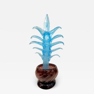 1990s Italian Sky Blue Leaves Murano Art Glass Cactus Plant in Purple Pot
