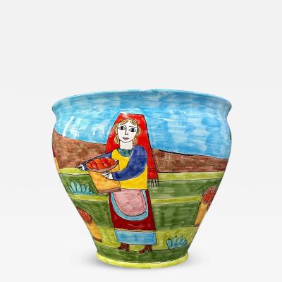 1990s Nino Parrucca Large Ceramic Plantert in Vivid Colors Scenes