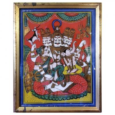 19C Reverse Glass Painting of Shiva Parvati and Ganesh from the Pal Collection