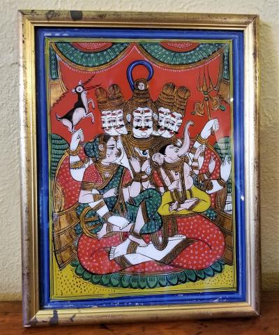 19C Reverse Glass Painting of Shiva Parvati and Ganesh from the Pal Collection