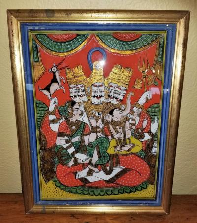 19C Reverse Glass Painting of Shiva Parvati and Ganesh from the Pal Collection