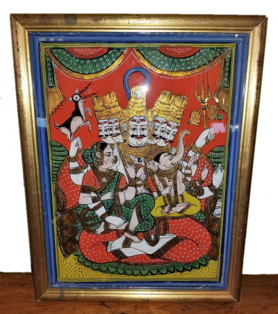 19C Reverse Glass Painting of Shiva Parvati and Ganesh from the Pal Collection