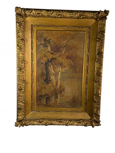 19TH CENTURY AUTUMN TREES LAKE BANK PAINTING BY E K HUNT