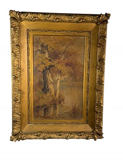 19TH CENTURY AUTUMN TREES LAKE BANK PAINTING BY E K HUNT