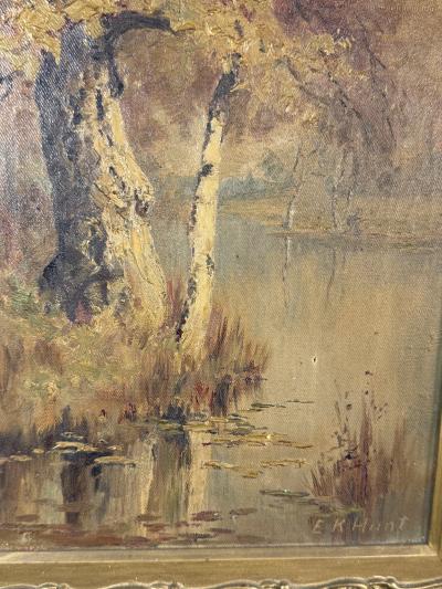 19TH CENTURY AUTUMN TREES LAKE BANK PAINTING BY E K HUNT