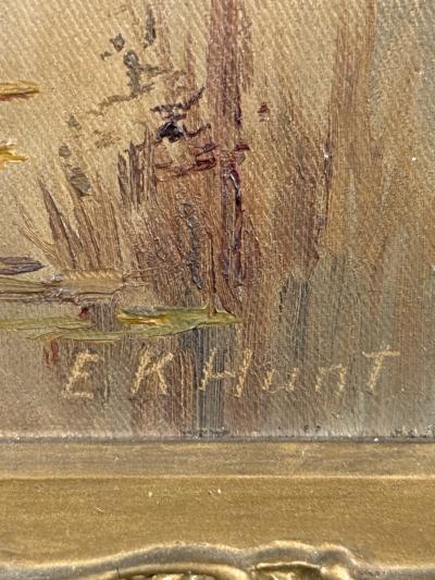 19TH CENTURY AUTUMN TREES LAKE BANK PAINTING BY E K HUNT