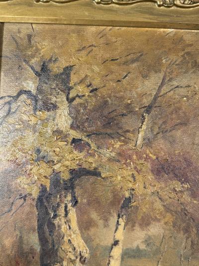 19TH CENTURY AUTUMN TREES LAKE BANK PAINTING BY E K HUNT