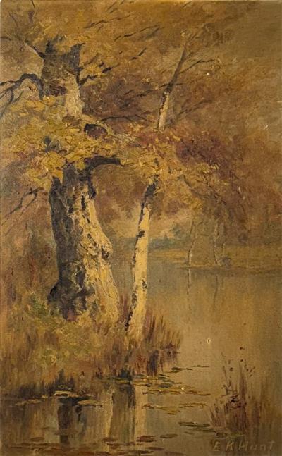 19TH CENTURY AUTUMN TREES LAKE BANK PAINTING BY E K HUNT