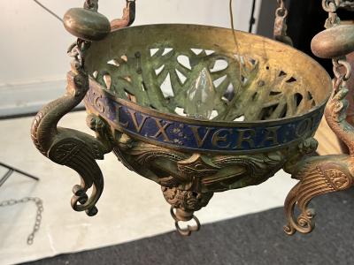 19TH CENTURY BRONZE CHURCH CHANDELIER WITH GRIFFINS AND LATIN PHRASES