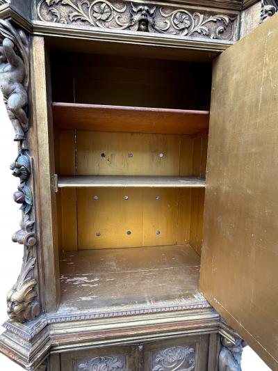 19TH CENTURY ELABORATE GILT FANTASTICAL CARVED ALLEGORICAL ITALIAN TALL CABINET