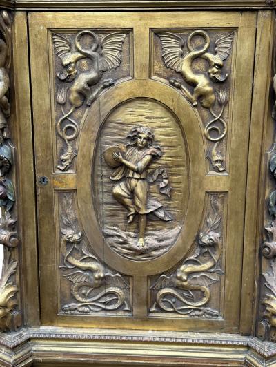 19TH CENTURY ELABORATE GILT FANTASTICAL CARVED ALLEGORICAL ITALIAN TALL CABINET