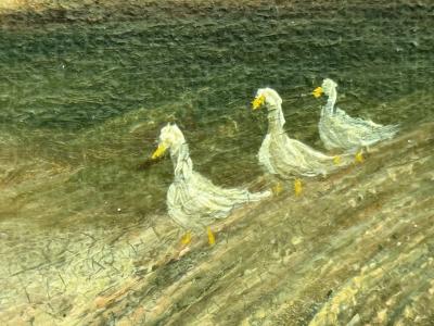 19TH CENTURY FARMHOUSE LANDSCAPE GAGGLE OF GEESE PIGEONS ON ROOFTOP PAINTING