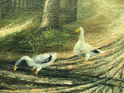 19TH CENTURY FARMHOUSE LANDSCAPE GAGGLE OF GEESE PIGEONS ON ROOFTOP PAINTING
