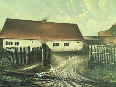 19TH CENTURY FARMHOUSE LANDSCAPE GAGGLE OF GEESE PIGEONS ON ROOFTOP PAINTING