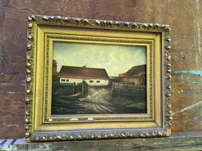 19TH CENTURY FARMHOUSE LANDSCAPE GAGGLE OF GEESE PIGEONS ON ROOFTOP PAINTING