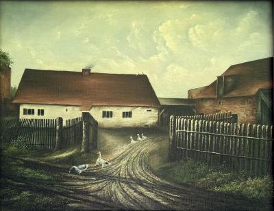 19TH CENTURY FARMHOUSE LANDSCAPE GAGGLE OF GEESE PIGEONS ON ROOFTOP PAINTING