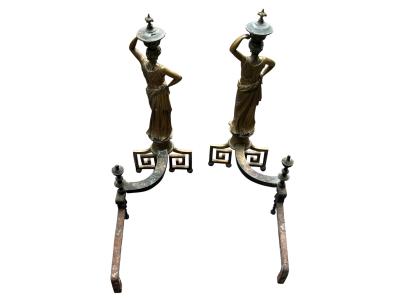 19TH CENTURY GILT BRONZE GRECIAN DRAPED WOMAN ANDIRONS WITH GREEK KEY BASES