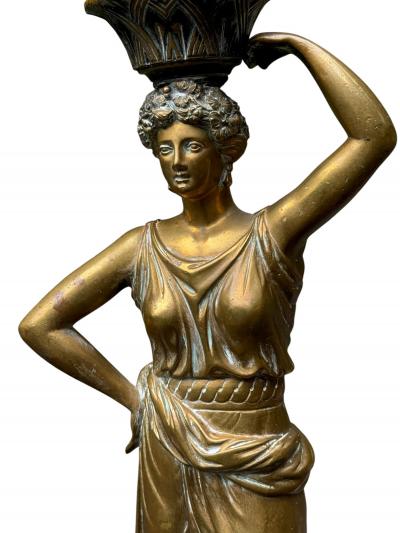 19TH CENTURY GILT BRONZE GRECIAN DRAPED WOMAN ANDIRONS WITH GREEK KEY BASES