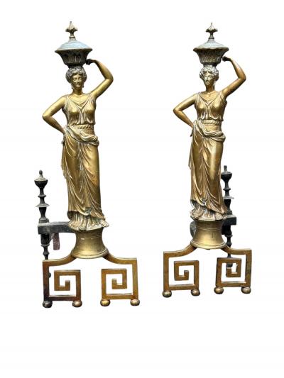19TH CENTURY GILT BRONZE GRECIAN DRAPED WOMAN ANDIRONS WITH GREEK KEY BASES