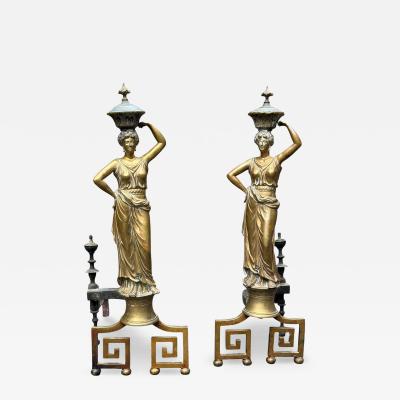 19TH CENTURY GILT BRONZE GRECIAN DRAPED WOMAN ANDIRONS WITH GREEK KEY BASES