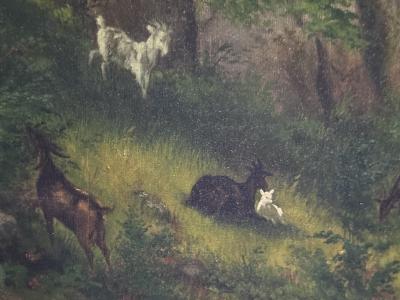 19TH CENTURY GOAT FAMILY ON HILLY LANDSCAPE IN ORIGINAL GILT FRAME PAINTING