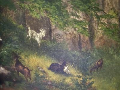 19TH CENTURY GOAT FAMILY ON HILLY LANDSCAPE IN ORIGINAL GILT FRAME PAINTING