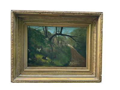 19TH CENTURY GOAT FAMILY ON HILLY LANDSCAPE IN ORIGINAL GILT FRAME PAINTING