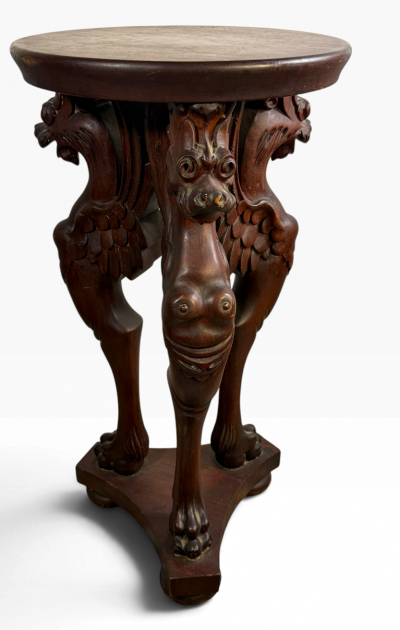 19TH CENTURY GOTHIC WINGED LIONESS CARVED MAHOGANY TABLE WITH CLAW FEET
