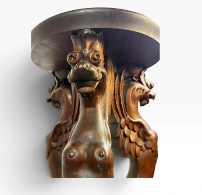 19TH CENTURY GOTHIC WINGED LIONESS CARVED MAHOGANY TABLE WITH CLAW FEET