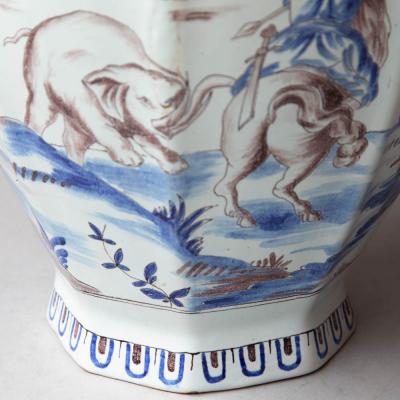 19TH CENTURY NEVERS OCTAGONAL BALUSTER FAIENCE LIDDED VASE