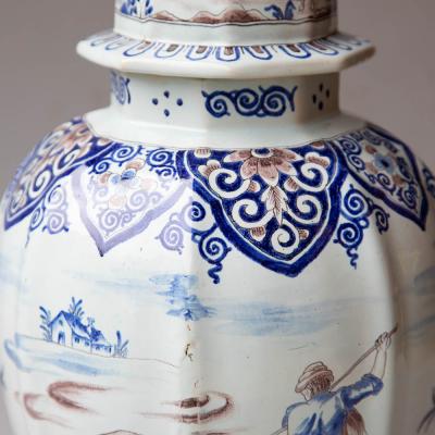 19TH CENTURY NEVERS OCTAGONAL BALUSTER FAIENCE LIDDED VASE