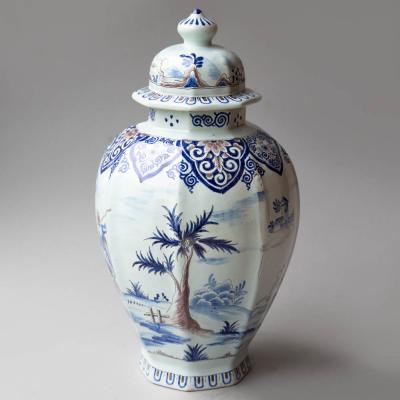 19TH CENTURY NEVERS OCTAGONAL BALUSTER FAIENCE LIDDED VASE