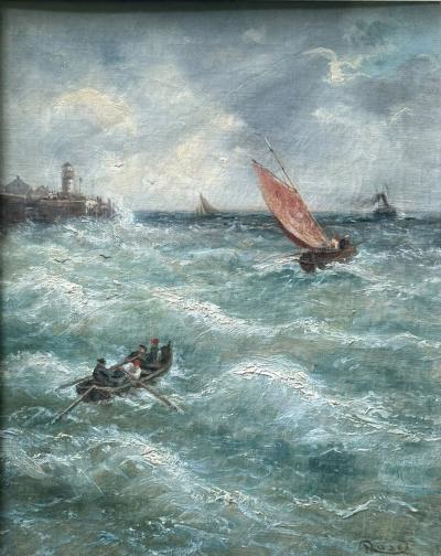 19TH CENTURY OFF THE ITALIAN COAST SEASCAPE WITH LIGHTHOUSE PAINTING